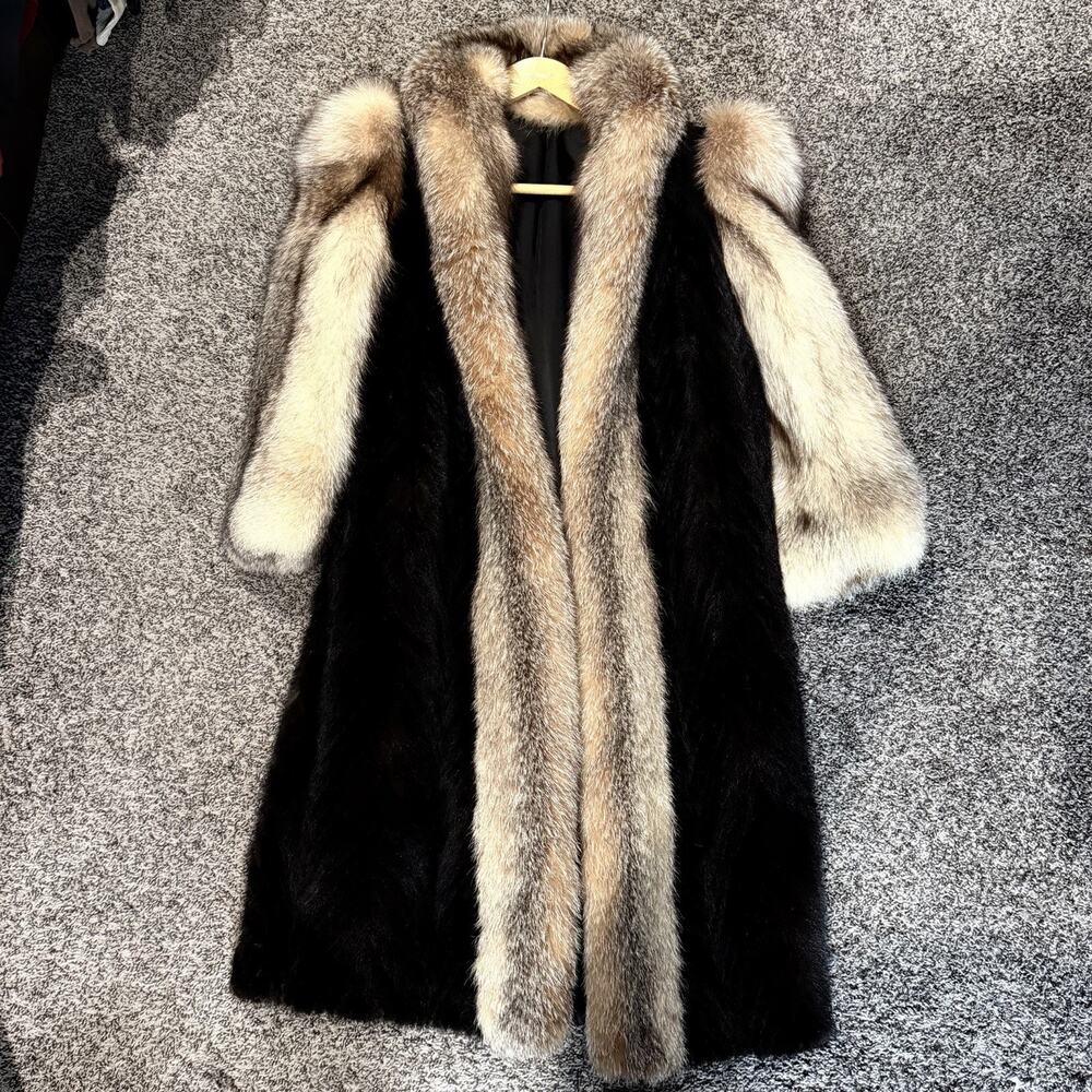 Vintage Genuine Black Mink Fur Coat Blue Fox Trim Full Length Womens 48” Glamour